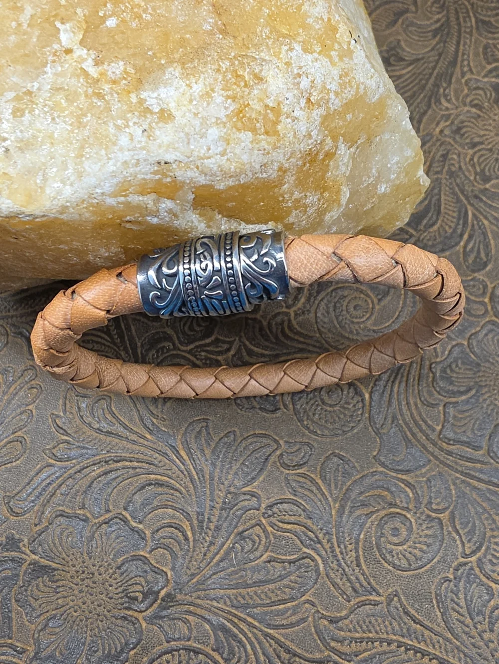 Men's New Braided Tan Leather Ornate Stainless Silver Magnetic Clasp Bracelet